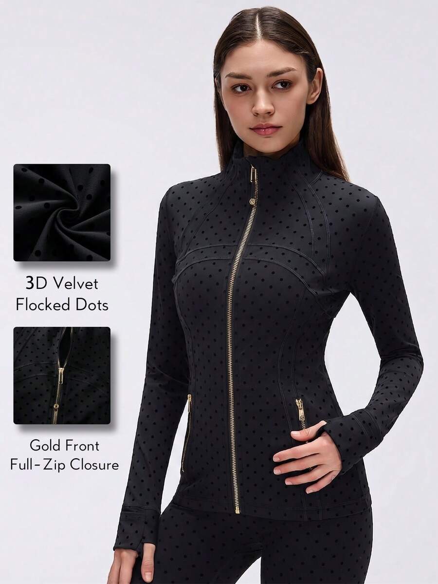 KyrLssu Women's Polka Dot Zipper Stand Collar Long Sleeve Slim Fit Pocket Jacket