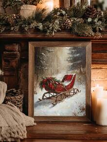1pc Vintage Winter Sleigh Wall Art Print, Rustic Christmas Mural Canvas Poster, Suitable For Bedroom, Living Room, Kitchen, Canvas Wall Art, Fun Bathroom Decor, Room Decor, Home Decor, Dorm Decor, College Decor, Christmas Holiday Gift, Framed/Unframed - 1pc - View 3