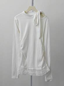 Women's Bow Tie Lace Trim Long Sleeve Base Layer T-Shirt, Sweet Design Inner Top For Autumn/Winter - White - View 7