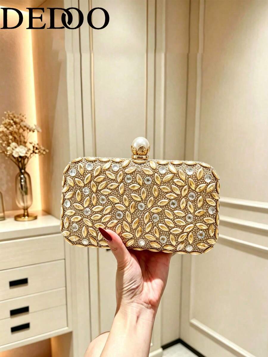 Dedoo Women's Gold Rhinestone Evening Clutch,Hard Shell Rectangular Handbag, Pearl Clasp,Shiny Leaf Pattern,Suitable For Weddings,Balls And Formal Occasions - Gold - View 1