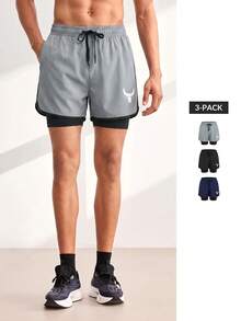 Driftmere 3pcs/Set Men's Casual Daily Fitness & Running Outdoor Sports 2 In 1 Double Layer Shorts Summer - Multicolor - View 2