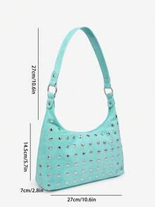 1pc Women's Vintage Autumn/Winter New Blue Suede Rivet Tassel Adjustable Shoulder Strap Baguette Bag, Suitable For Outings, Dates, Commuting, Shopping - Mint Blue - View 6