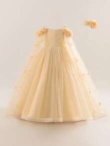 Tween Girls Sleeveless Cape Mesh 3D Floral Elegant Long Ball Gown Princess Dress Suitable For Girls Birthday Party Evening Gala Prom Wedding Flower Girl Bridesmaid Outfit - Champagne - View 5