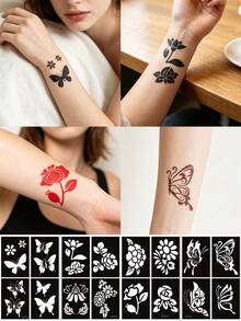 4pcs Ins Style Butterfly & Floral Henna Tattoo Stencils, Minimalist Flower & Butterfly Design, Reusable Hollow Stencil Stickers, Suitable For Daily Wear, Vacation, Music Festival, Party - Black - View 13