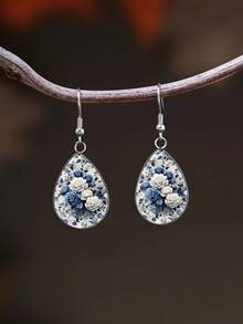 1 Pair Dark Vintage Rose Pattern With 316 Stainless Steel Water Drop Ear Hooks, Suitable For Women's Daily Wear - Blue - View 2