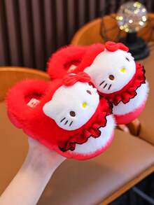 SANRIO 1雙兒童女童冬季卡通可愛防滑室內毛絨拖鞋 - 紅色 - 查看 5