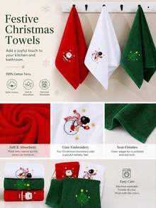 [1/3pcs] Cotton Christmas Cute Cartoon Embroidered Towels, Soft Super Absorbent Lint-Free Face Towels, Home Daily Use Adult Hand Towels Suitable For Kitchen, Bathroom And Living Room - Green/Red/White - Multicolor - View 3
