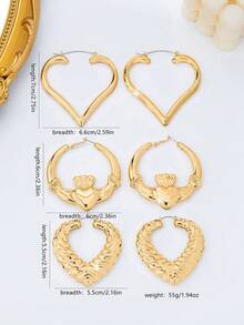 6件組時尚高級金屬金色鏤空愛心胡蘿蔔頭竹節圓環耳環套組，適合女性日常、派對、度假穿搭禮物 - 金黃色 - 查看 6