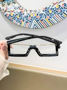 1 Pair Women's Square Black Metal Inlaid Eyeglass Frames, Clear Lens Fashion Glasses - F - View 4