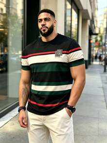 Men's Plus Size Fashion Casual T-Shirt - Striped Multicolor Crew Neck Short Sleeve, Machine Washable, Comfortable All Year Round - Multicolor - View 2