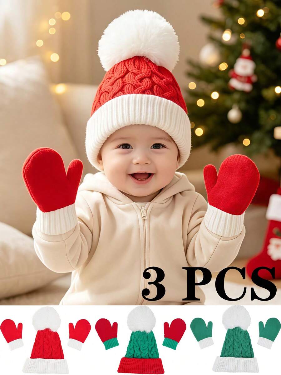 3PCS 6-36M Christmas Knitted Hat, Autumn/Winter Warm Pom Pom Hat, Gloves Set, Children's Knitted Hat And Gloves - 3PCS - View 1