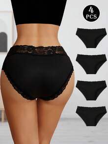 4 buah Celana Dalam Segitiga Wanita Katun Bergaris Motif Renda Hitam, Pakaian Dalam Wanita yang Menawan - Hitam - View 2