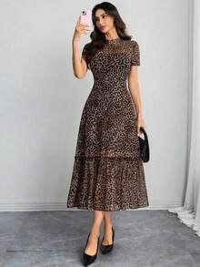 Women's Elegant Leopard Print Short Sleeve Dress with Slight Stretch Fabric, Casual and Chic Fall Style for Everyday Wear - Multicolor2 - Ver 8