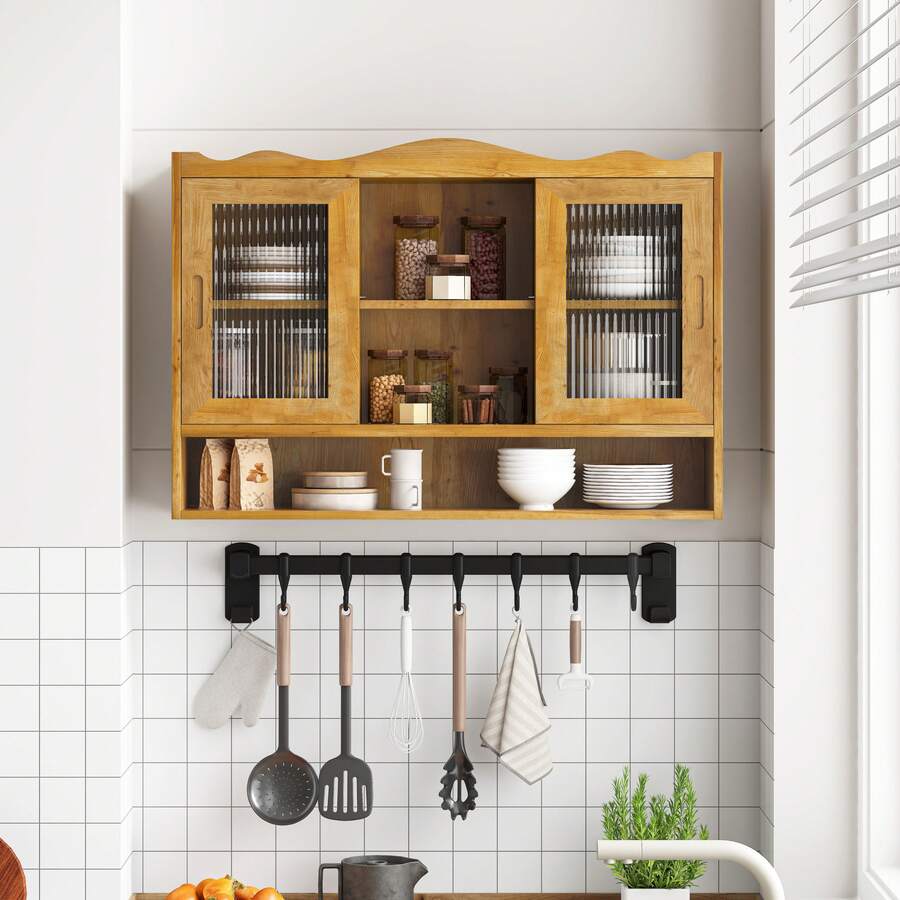 90CM Retro 2 Door Sliding Cabinet Three Layers Of Storage Space,Suitable For Bathrooms,Kitchens,Dining Rooms,Natural - 彩色 - 查看 1