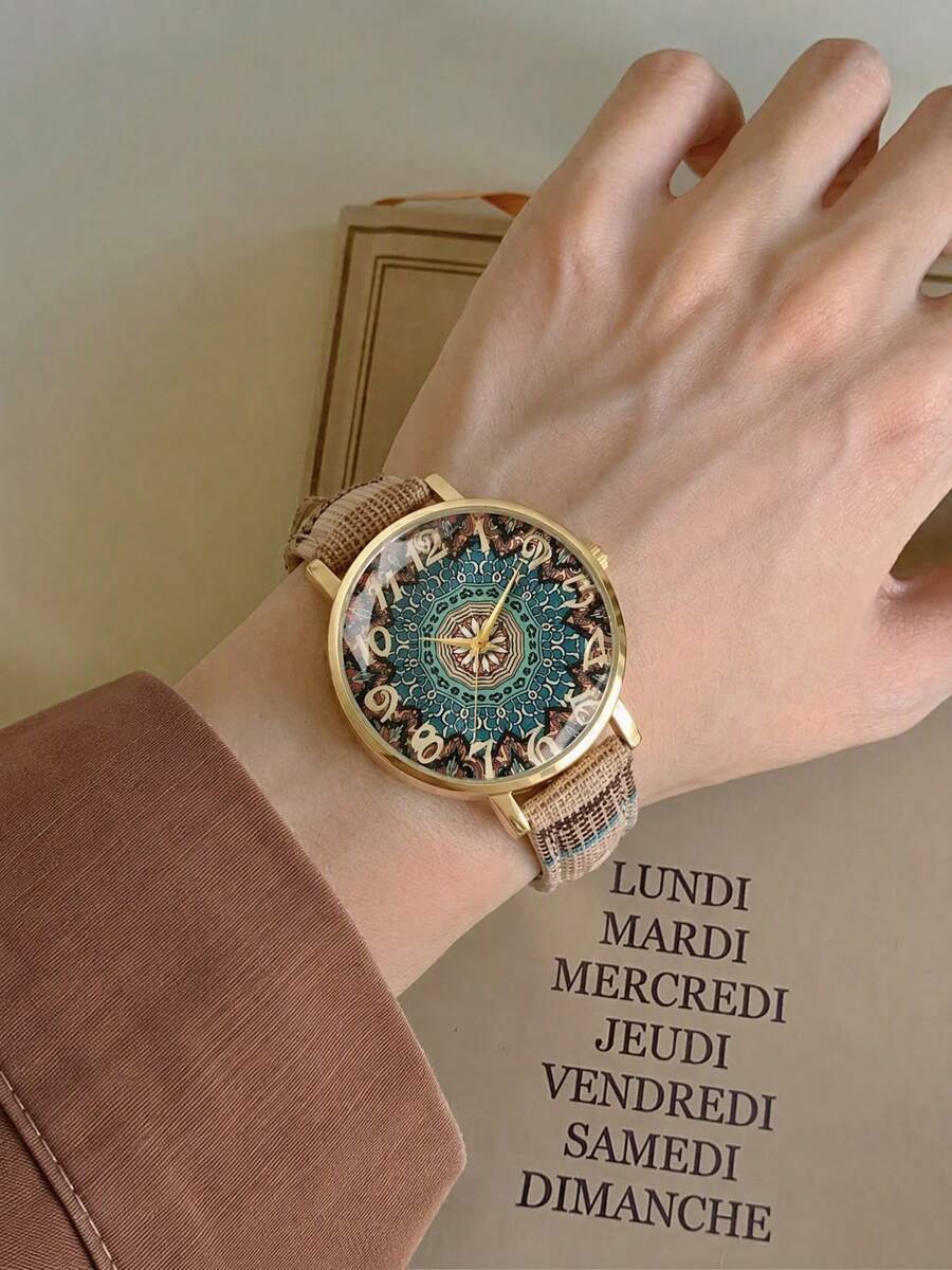 Women's Boho Floral Printed Quartz Watch Fabric Strap Dial Quartz Wristwatch Jewelry Gift For Her Birthday Christmas - Beige - View 1
