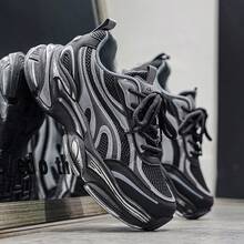 Men's Mesh Chunky Casual Shoes, Lace-Up Vintage Color Block Sneakers Suitable For Daily Walking, Campus Wear, Training - Grey - View 7