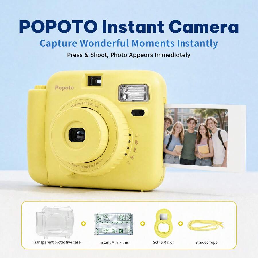 Popoto Instant Camera, Includes Camera Protective Case, Photo Paper, Optical Imaging Film With Retro Feel, Get A Physical Photo Instantly, Suitable For Beginners, Great Gift, Capture Beautiful Moments Of Sea Breeze, Beach Fun, Party, Summer Travel (Battery Not Included)