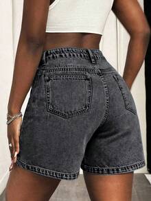 Women's Solid Color Pocket Button Casual Versatile Daily Wear Denim Shorts Summer - Grey - View 3