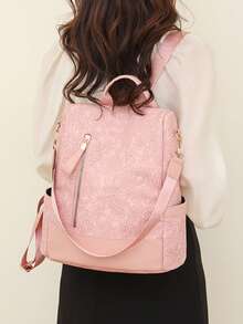 Mochila de viaje diario de moda con gran capacidad y diseño antirrobo en bloques de color - Rosa - Ver 7
