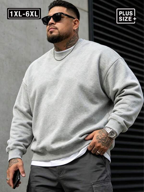 Men's Casual Sweatshirt, Slightly Stretchy, Men's Solid Color Plus Size Crew Neck Sweatshirt,Gift For Your Husband