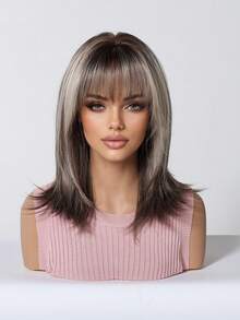 Topshe Women's Medium-Long Straight Layered Cut Air Bangs Synthetic Wig, Grey Gradient Chestnut Brown Heat-Resistant Wig, Suitable For Halloween Gothic Costume, Theme Party, Carnival, Daily Life, Work And Dating - Multicolor - View 4