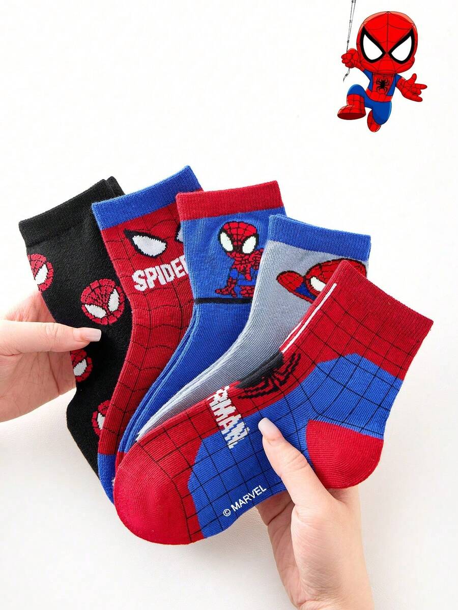 Marvel 5 Pairs Kids Superhero Series Socks, Girls Korean Style Cartoon Mid-Calf Socks, Boys Autumn/Winter Cartoon Socks - Multicolor - View 1