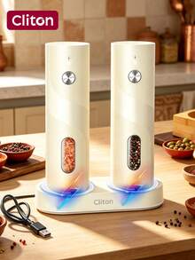 CLITON Premium Electric Salt Pepper Grinder, One‑Hand Auto Mill W/ LED Light & Lit Charging Base, Built‑In 300mAh Lithium Battery, 3 Options: Single Unit, 2‑Pack, Charging Base Gift Set, Kitchen Gadget, New Year & Kitchen Gift, Housewarming Holiday Present - Multicolor - View 1