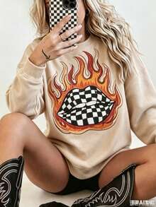 Checkered Flame Lips Shirt Western Graphic Tee Oversized Country Concert Tshirt  Western Clothes Retro Country Tee  Funny Graphic Tshirts - 杏色1 - 查看 2