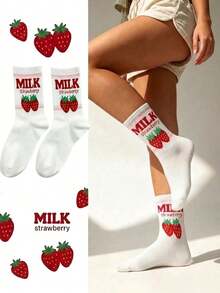 Strawberry Letter Jacquard Mid-Calf Socks, Cute Japanese Style Versatile Student Soft Girl Socks, Comfortable Minimalist Women's Socks - Multicolor - View 8