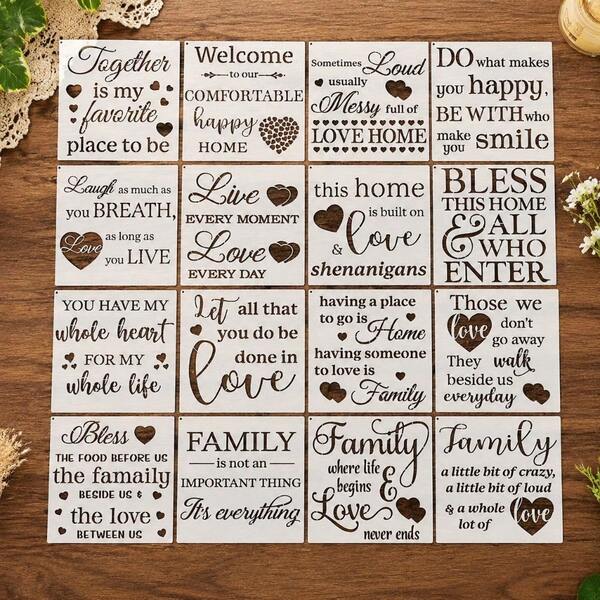 16Pcs Inspirational Family Love Quote With Heart Pattern Painting Stencils, Reusable PET Plastic Templates For Wood Signs Wall Fabric Canvas DIY Crafts