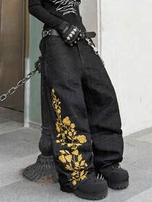 Hearty Haven 1件裝男士時尚街頭風刺繡寬腿牛仔褲，寬鬆舒適四季百搭丹寧長褲－不含腰帶與配件 - 黑色 - 查看 2