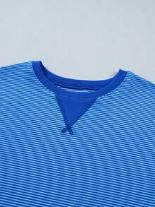 Acelitt Sudadera de manga larga holgada con cuello redondo, costura en V, hombros caídos y rayas para primavera y otoño - Azul - Ver 7