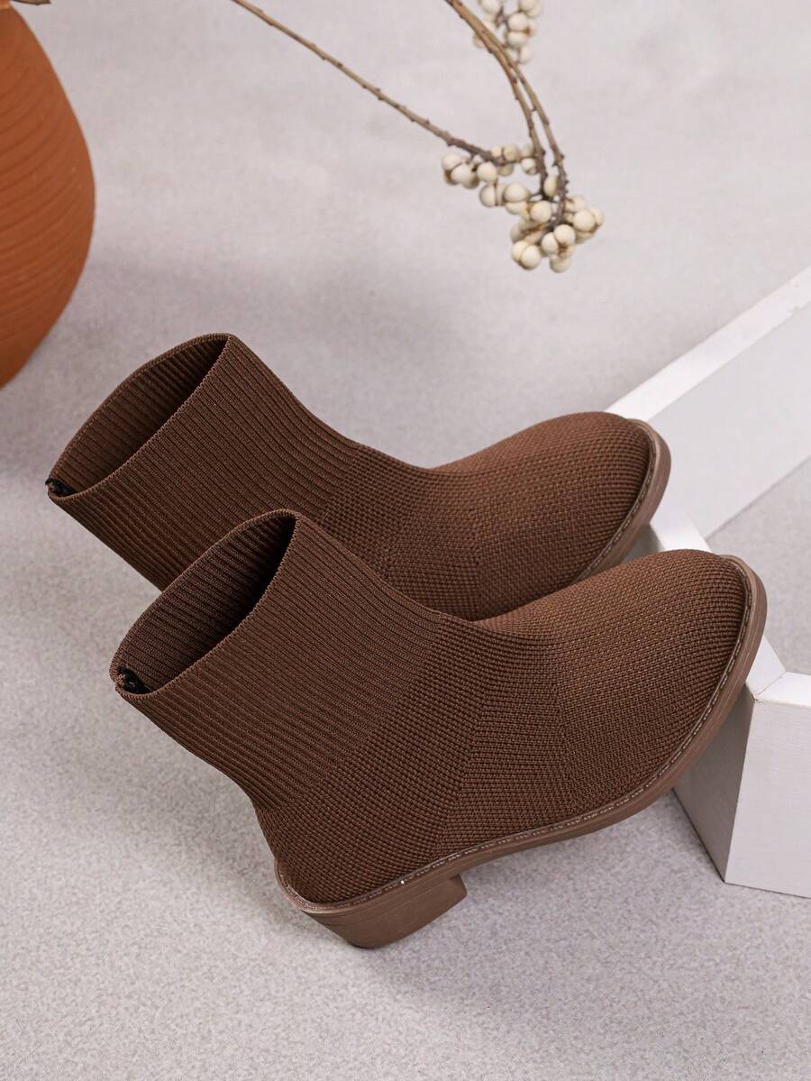 Vintage Brown Knitted Sock Ankle Boots For Girls, Elastic Back Zipper Ankle Boots, Autumn Daily Street Casual Wear - Brown - View 1