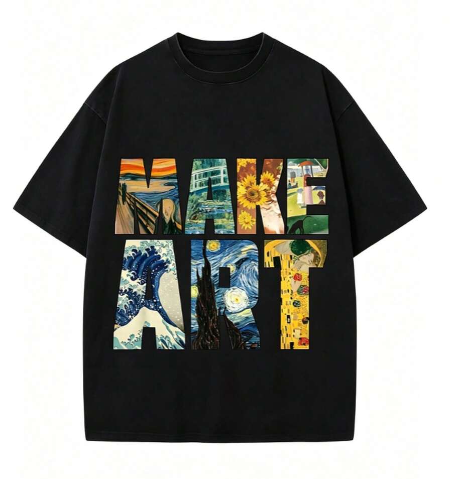 Make Art Famous Painting Pattern T Shirt 100%Pure Cotton Black Loose-Fitting Short-Sleeve Shirt T Shirt Vintage Art Print Casual Top - Black - View 1