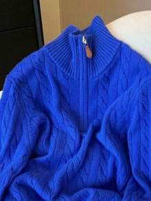 Women's Autumn/Winter Casual Versatile Commute Preppy Youthful Solid Color Half-Zip Loose Collar Knit Cardigan Sweater - Blue - View 3