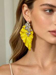 ZR 1 Pair Enamel Leaf Rhinestone Elegant Dangle Earrings, Women's Daily Party Wedding Fashion Jewelry - Enamel Leaf Earrings - View 3