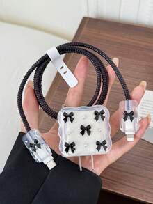 Black Bow Pearl Charger Protective Case, Data Cable Anti-Breakage Protection Rope - Black - View 3