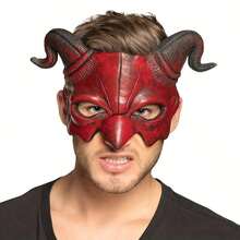 1pc Scary Demon Mask_Cosplay Costume Prop_Red Half Face Ram Horn Devil Mask For Masquerade Party_Carnival Party Headwear Gift - Multicolor - View 4