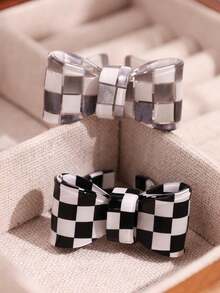 1/2pcs Y2K Black & White Checkerboard Bow Rings, Colorful Striped Print Rings, Daily Personalized Minimalist Women's Finger Rings Gift - Multicolor - View 12