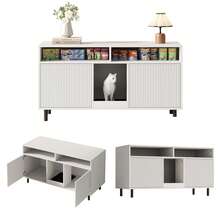 White Sideboard Cat Litter Cabinet - With Sand Trap Mat - White - View 5