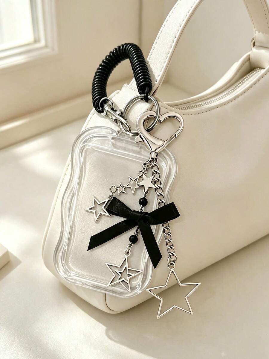 Retractable Star Card Holder Keychain, Durable Transparent ID Card Holder Set With Detachable Wipeable Sliding Cover, Key Ring And Detachable Lanyard/Pendant - Heavy Duty Transparent Card Sleeve With ID Window And Card Slot, Suitable For School, Office, Events, Campus Essential, Stylish Design With Star Bow Decoration, Heart Buckle, Can Store ID Card, Bank Card, Transit Card And Keys, Campus Commute Essential ID Protection Sleeve, Student Campus Commute Essential, Practical And Fashionable,Travel Essential - Multicolor - View 1