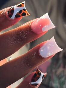 10pcs Duck Mouth Style Handmade Press-On Nails, Autumn/Winter Vintage Tortoiseshell Cream White Nude Pink Patchwork Manicure, European Hot Girl Style 3D Pearl Decor Detachable Fake Nails, No Baking Required Reusable Nail Stickers, Suitable For Girls' Autumn Outfits And Date Night Aesthetic Manicure - Coffee Brown - View 4