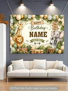 Customizable Name Jungle Animal Adventure Birthday Backdrop, Safari Balloon Palm Leaf Cartoon Animal Design, Personalized Party Decoration Photography Banner Vinyl - D - View 4