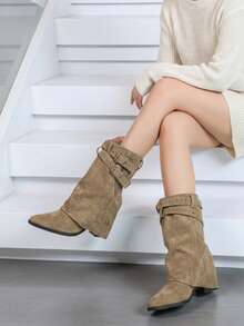 Double Buckle Western Style Mid-Calf Boots, Plus Size Wide Fit Black Square Toe Chunky Heel Slouch Fashion Boots - Khaki - View 5