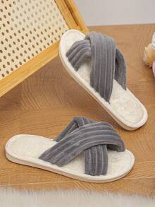 Chaussons de maison confortables et doux en peluche à bretelles croisées pour femmes, style décontracté, gris, pour l'automne/l'hiver, chaussons de chambre - Gris - Voir 7