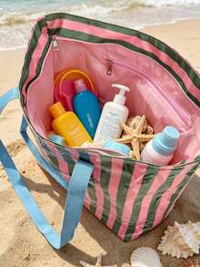 Waterproof Striped Beach Tote Bag Clear Transparent PVC Summer Handbag Large Capacity Shoulder Bag Portable Swim Pool Travel Shopping Bag For Vacation - Multicolor - View 3