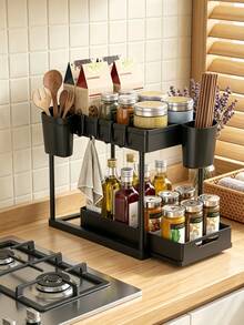 1pc Double Layer Storage Rack, Drawer-Style Organizer With Hooks And Hanging Cup, Suitable For Under Sink, Kitchen, Bathroom And More - Black - View 8