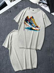 Men's Loose Fit Colorful Sneaker Print Short Sleeve T-Shirt, Plus Size Casual Top | Exquisite Design | Summer Essential | Easy To Match, Showcase Your Style - 灰色 - 查看 2