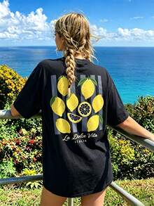 Women's Short-Sleeved T-Shirts For Spring/Summer, Featuring A Fun Fresh Lemon Stripe Print - Black - View 1