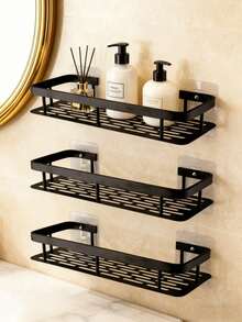 1/2/3/4pcs No-Drill Large Capacity Wall-Mounted Shower Caddy, Space-Saving Easy Installation Floating Storage Rack, Waterproof No-Drill Organizer Shelf, Suitable For Bathroom, Kitchen, Toiletries, Cosmetics And Daily Household Items - Black - View 6